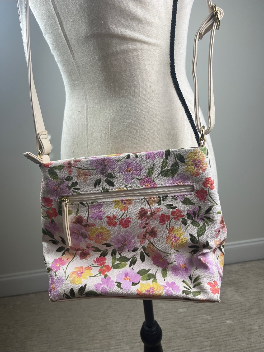Crossbody Bag Floral Print Cream w/Pink Yellow Purple Flowers Pastel Watercolor